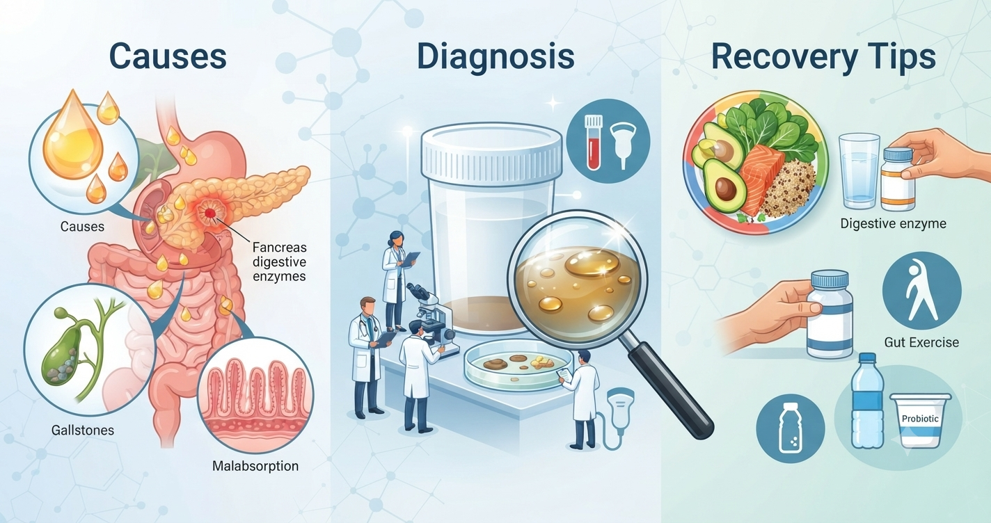 Oil in Stool: Causes, Diagnosis, and Recovery Tips Oil in Stool: Causes, Diagnosis, and Recovery Tips